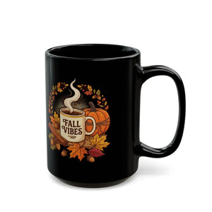 Fall Vibes Coffee Mug, Autumn Pumpkin & Leaves Black Ceramic (11oz/15oz) - Mugs