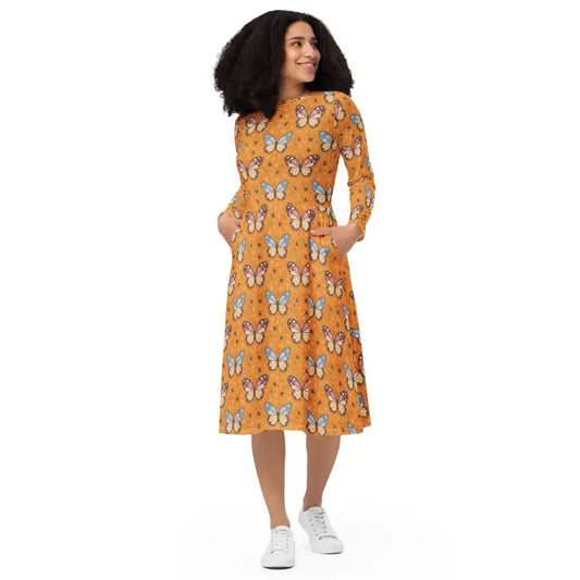 Twirl in Curvy Flare Butterflies Long Sleeve Midi Dress - Xs Dresses