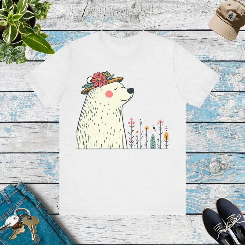 Feel-good Unisex Jersey Tee with Polar Bear in Flower Hat - Ash / s T-shirt