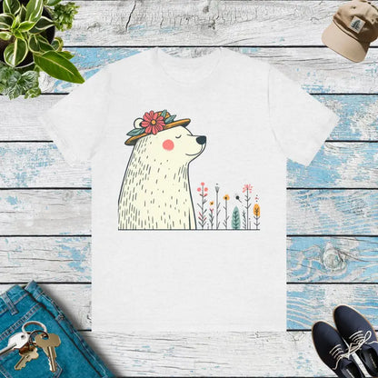 Feel-good Unisex Jersey Tee with Polar Bear in Flower Hat - Ash / s T-shirt