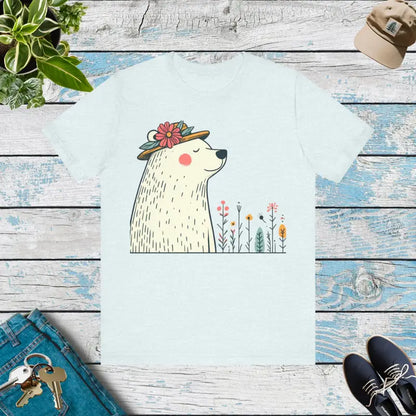 Feel-good Unisex Jersey Tee with Polar Bear in Flower Hat - Heather Ice Blue / s T-shirt