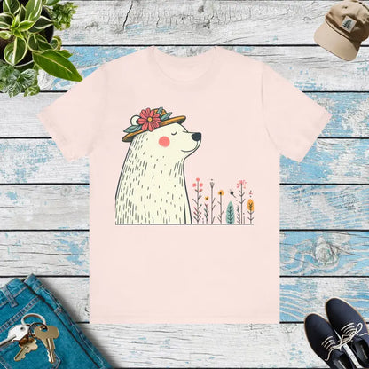 Feel-good Unisex Jersey Tee with Polar Bear in Flower Hat - Soft Pink / s T-shirt