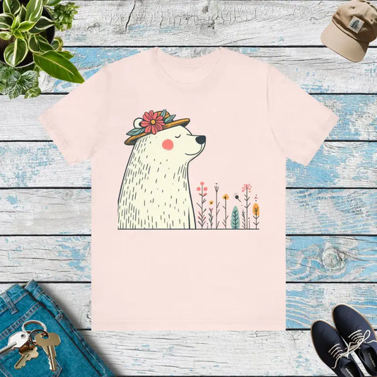 Feel-good Unisex Jersey Tee with Polar Bear in Flower Hat - Soft Pink / s T-shirt