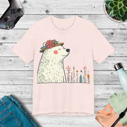 Feel-good Unisex Jersey Tee with Polar Bear in Flower Hat - T-shirt