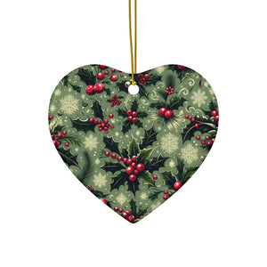 Festive Ceramic Ornaments Featuring Holly Leaves - Dipaliz - Heart / 3 Pcs / one Size - Holiday
