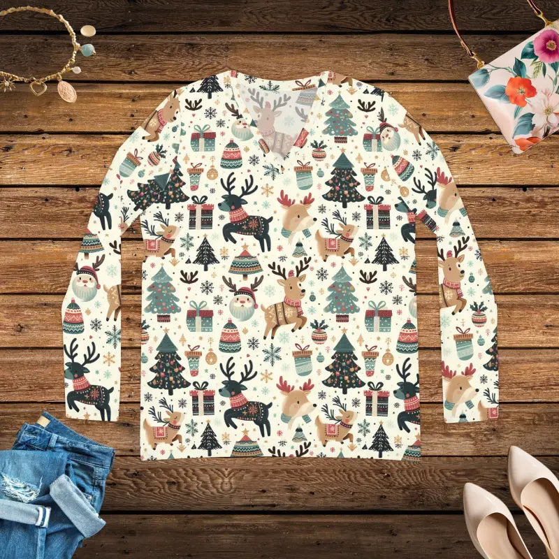 Dazzle in a Festive Long Sleeve with Christmas Reindeer Pattern - V-neck