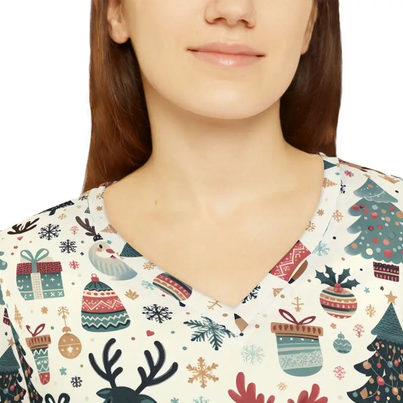 Dazzle in a Festive Long Sleeve with Christmas Reindeer Pattern - V-neck