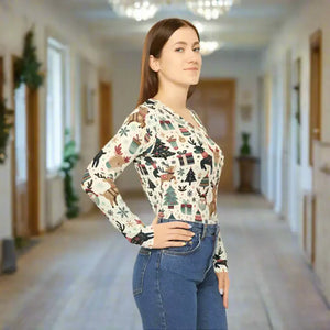 Christmas Reindeer Long Sleeve V-neck Festive Top - Dipaliz - T-shirts