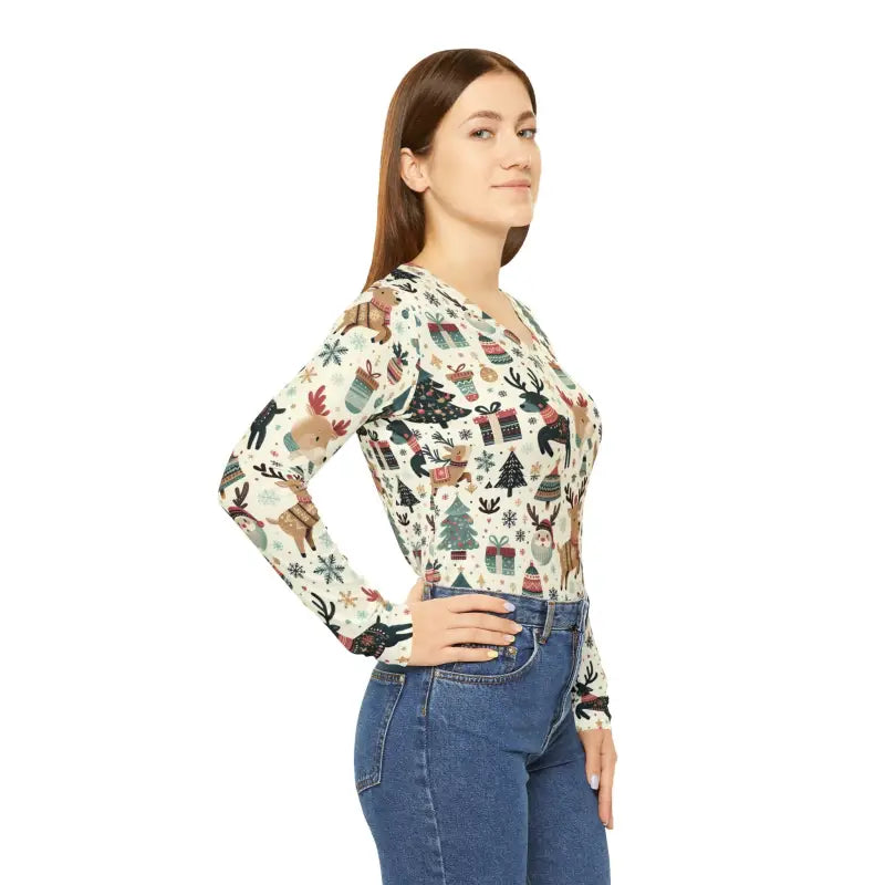 Dazzle in a Festive Long Sleeve with Christmas Reindeer Pattern - Xs V-neck