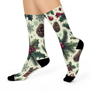 Festive Pine Leaves Cushioned Crew Socks - Holiday Comfort - Dipaliz - White / one Size / 3/4