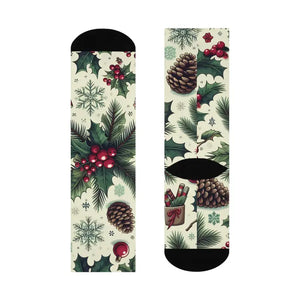 Festive Pine Leaves Cushioned Crew Socks - Holiday Comfort - Dipaliz - White / one Size / 3/4