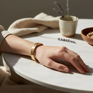 DipaliZ Peace Engraved Gold Cuff Bracelet Minimalist Style