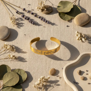 DipaliZ Peace Engraved Gold Cuff Bracelet Minimalist Style