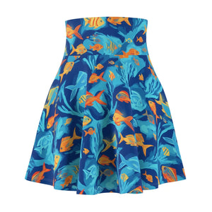Fish Print Skater Skirt, Blue Tropical Aquarium Pattern - Skirts - Xs
