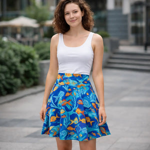 Fish Print Skater Skirt, Blue Tropical Aquarium Pattern - Skirts - Xs
