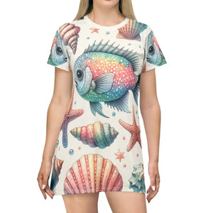 Marine Life Pattern Print t Shirt Dress - Ocean Vibes - Dipaliz - Xs - Dresses