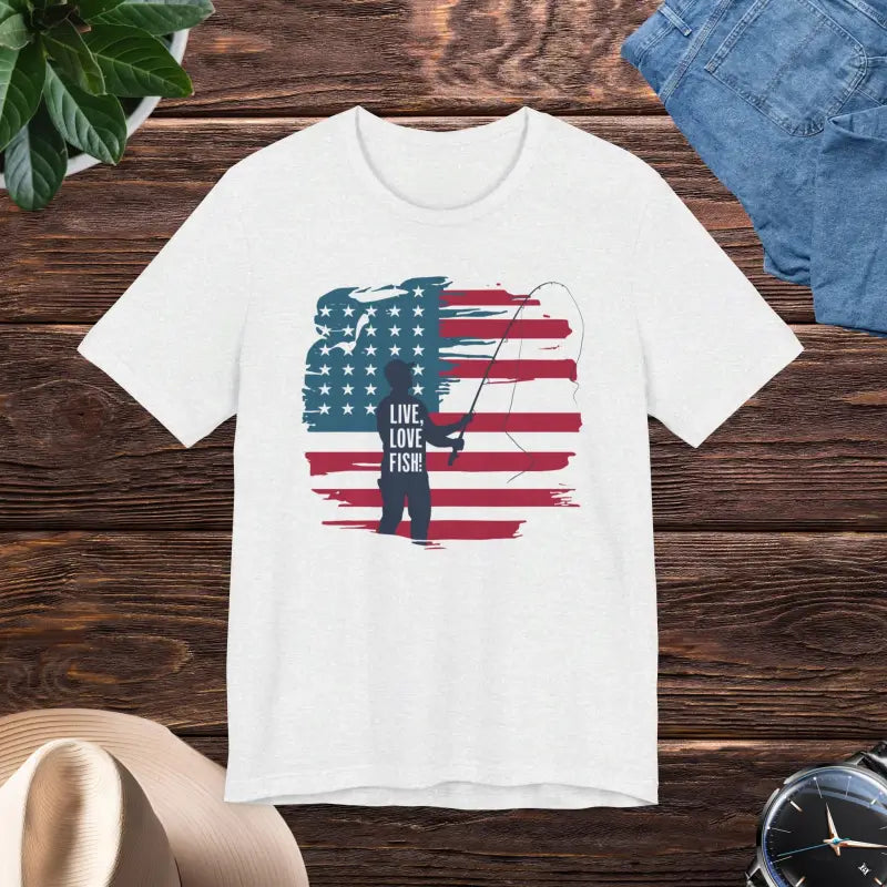 Patriotic Style: Line & Liberty Fishing Tee for 4th of July - Ash / s T-shirt