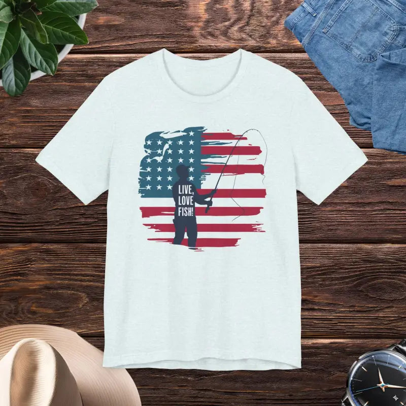 Patriotic Style: Line & Liberty Fishing Tee for 4th of July - Heather Ice Blue / s T-shirt