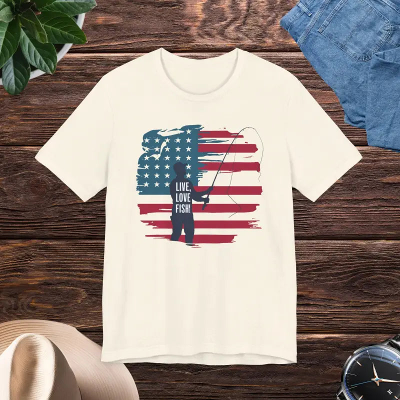 Patriotic Style: Line & Liberty Fishing Tee for 4th of July - Natural / s T-shirt