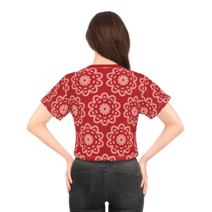 Rock your Look: Floral Elegance Red Crop Tee with White Flowers - All Over Prints