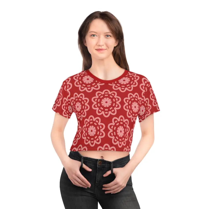 Rock your Look: Floral Elegance Red Crop Tee with White Flowers - Black Stitching / 2xl All Over Prints