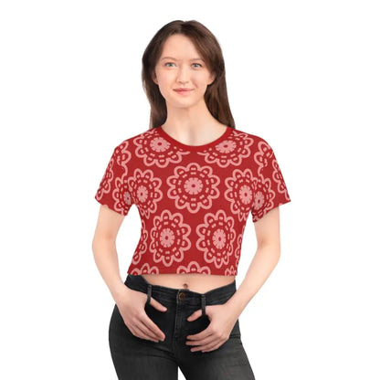 Rock your Look: Floral Elegance Red Crop Tee with White Flowers - Black Stitching / Xl All Over Prints