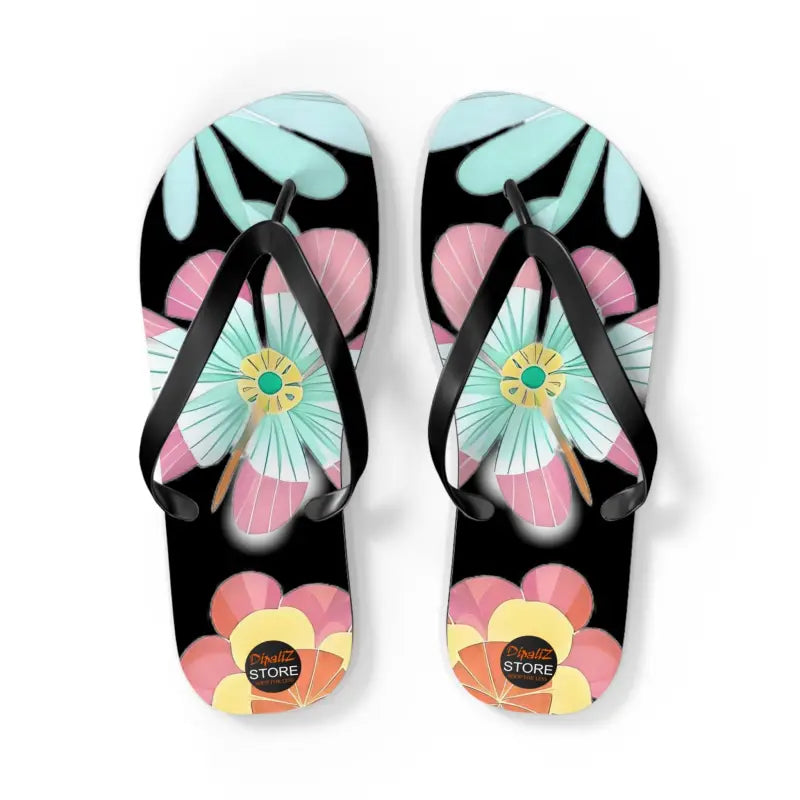 Blissful Unisex Flip Flops with Large Beautiful Flowers! - l / Black Sole Shoes