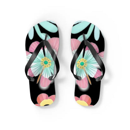 Blissful Unisex Flip Flops with Large Beautiful Flowers! - s / Black Sole Shoes