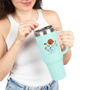 Floral 40oz Insulated Travel Mug with Ergonomic Handle - Dipaliz - Teal - Tumblers