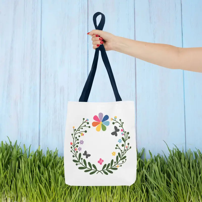 Discover Charm with the Floral Aop Tote & Black Cotton Handles - 13’’ × / Navy Bags