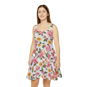 Floral Aop Skater Dress – Pink Roses Summer - Dipaliz - Dresses - Xs