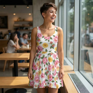 Floral Aop Skater Dress – Pink Roses Summer - Dipaliz - Dresses - Xs