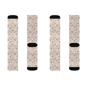Floral Autumn Sublimation Socks, Cozy Pumpkin & Leaf Pattern Crew