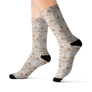 Floral Autumn Sublimation Socks, Cozy Pumpkin & Leaf Pattern Crew