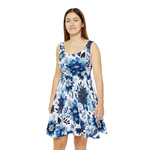 Women’s Skater Dress – Floral Blue Organic Cotton - Dipaliz - Dresses - Xs