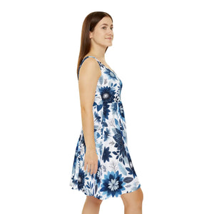 Women’s Skater Dress – Floral Blue Organic Cotton - Dipaliz - Dresses - Xs