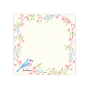 DipaliZ Floral Bluebird Sticky Note Pad — a close crop of the bluebirds on the branch