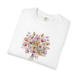 Floral Bouquet T-shirt, Watercolor Tulip & Daisy Graphic - T-shirts