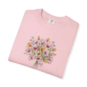 Floral Bouquet T-shirt, Watercolor Tulip & Daisy Graphic - T-shirts