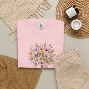 Floral Bouquet T-shirt, Watercolor Tulip & Daisy Graphic - T-shirts
