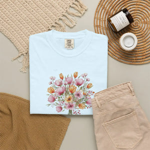 Floral Bouquet T-shirt, Watercolor Tulip & Daisy Graphic - T-shirts