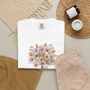 Floral Bouquet T-shirt, Watercolor Tulip & Daisy Graphic - T-shirts