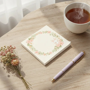 DipaliZ Floral Bunny Wreath Sticky Note Pad — a bunny inside a floral wreath, a single sheet lifted from the pad