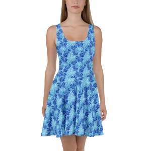 Dresses - Floral Capri Blue Skater Dress - Sleeveless Elegant - Dipaliz Xs