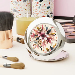 Floral Compact Travel Mirror - Vibrant Metallic Design - Dipaliz - Silver / Glossy / one Size - Face Mirrors