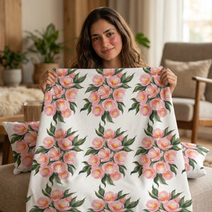 Floral Cotton Bed Set, Pink Peony Pattern Duvet Cover - Bedding Sets