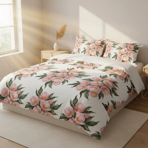 Floral Cotton Bed Set, Pink Peony Pattern Duvet Cover - Bedding Sets