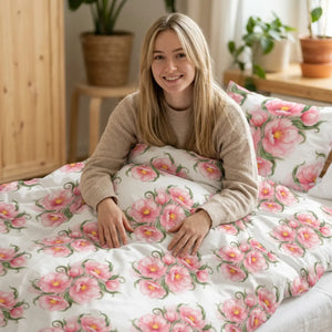 Floral Cotton Bed Set, Pink Watercolor Rose Duvet Cover & Pillowcases - Bedding Sets