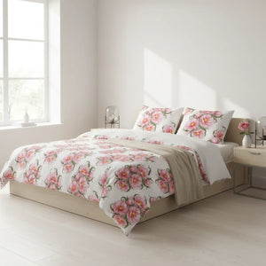 Floral Cotton Bed Set, Pink Watercolor Rose Duvet Cover & Pillowcases - Bedding Sets