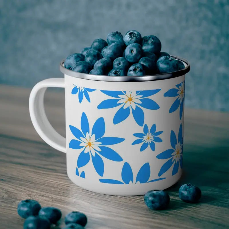 Enamel Camping Mug with Blue Flowers - Perfect for Outdoor Lovers! - 12oz